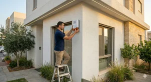 טכנאי של סיקרט מערכות מבצע התקנת סירנה חיצונית מאובטחת ומצלמות אבטחה בבית פרטי בישראל, ממותג ל-2026.